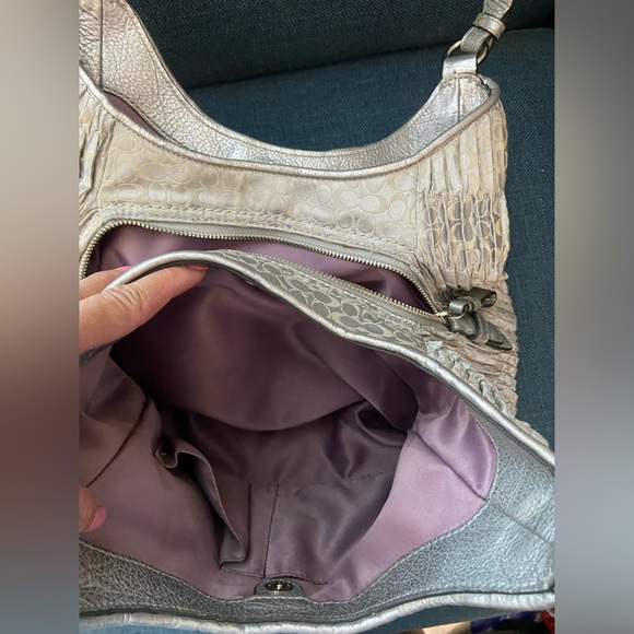 Coach Madison Gathered Sateen Signature Coach Logo Gray & Mettalic Silver Bag - Picture 11 of 16